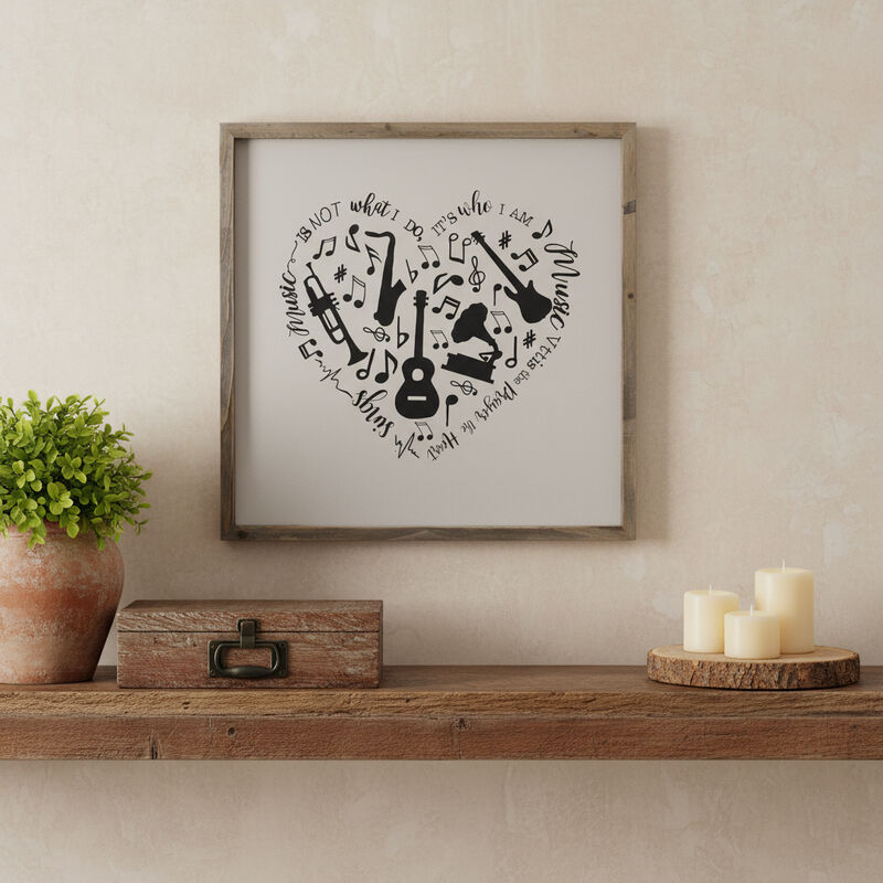 HomeRoots 16" X 16" Black And White Heart Music Wood Square Framed Art image number 1