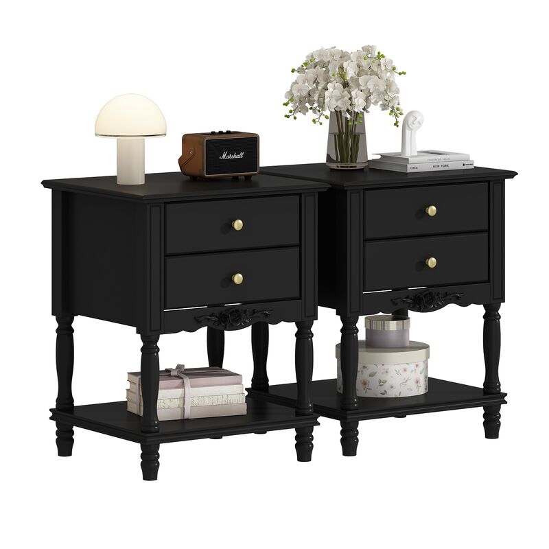 FUFU&GAGA 2-Drawer Nightstand with Metal Handles and Black Finish (19.7" W x 16.9" D x 25.2" H), Black