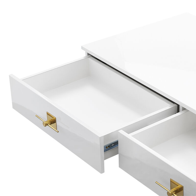 HomeRoots 47" White Wood and Gold Stainless Steel Sled Console Table With Two Drawers image number 5