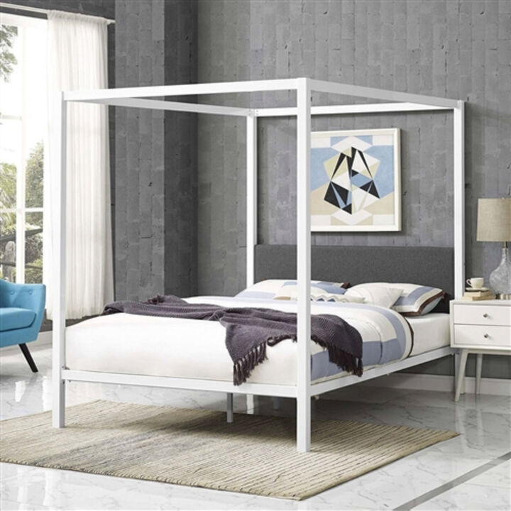Industrial Canopy Bed Frame with Fabric Upholstered Headboard – Metal Design