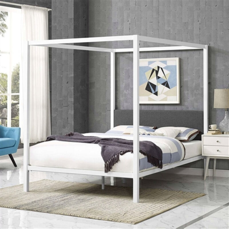 Industrial Canopy Bed Frame with Fabric Upholstered Headboard – Metal Design