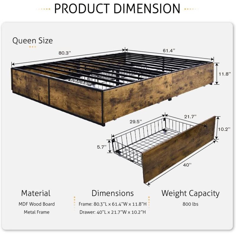 Hivvago Queen Metal Wood Platform Bed Frame with 4 Storage Drawers - 800 lbs Max Weight