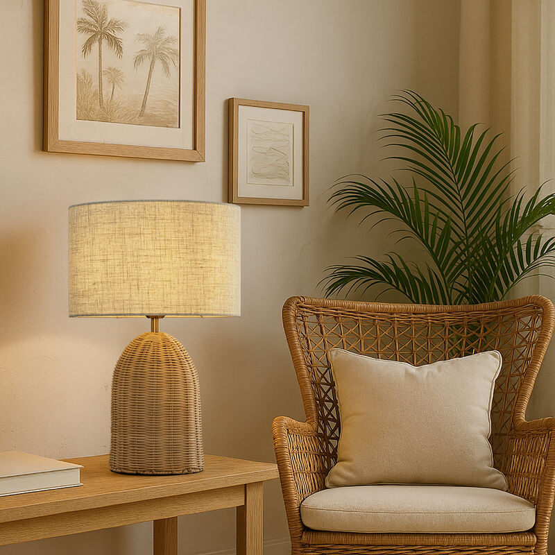 20'' Natural Rattan Bedside Table Lamp Coastal Nightstand Lamp with Classic Beige Fabric Shade for Bedroom, Living Room image number 2