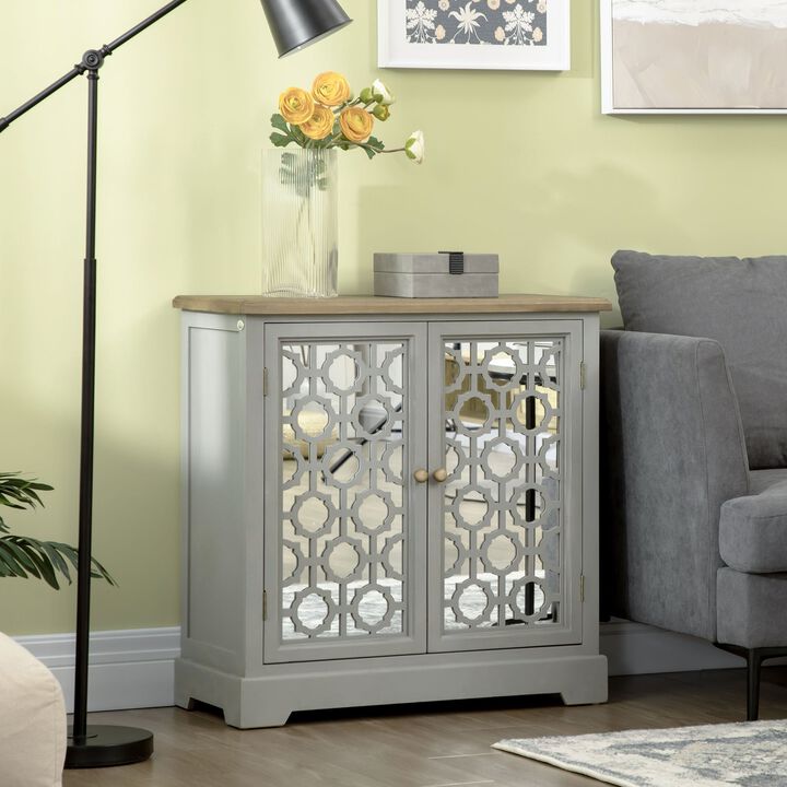 Gray Farmhouse Cabinet: Sideboard with Glass Doors and Wood Top