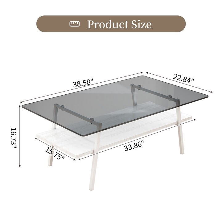 Rectangle Coffee Table, Tempered Glass Tabletop with White Metal Legs, Modern Table for Living Room, Gray Glass