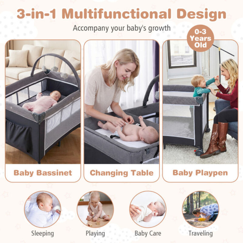 Portable 3-in-1 Baby Playpen Crib with Diaper Changing Table image number 3