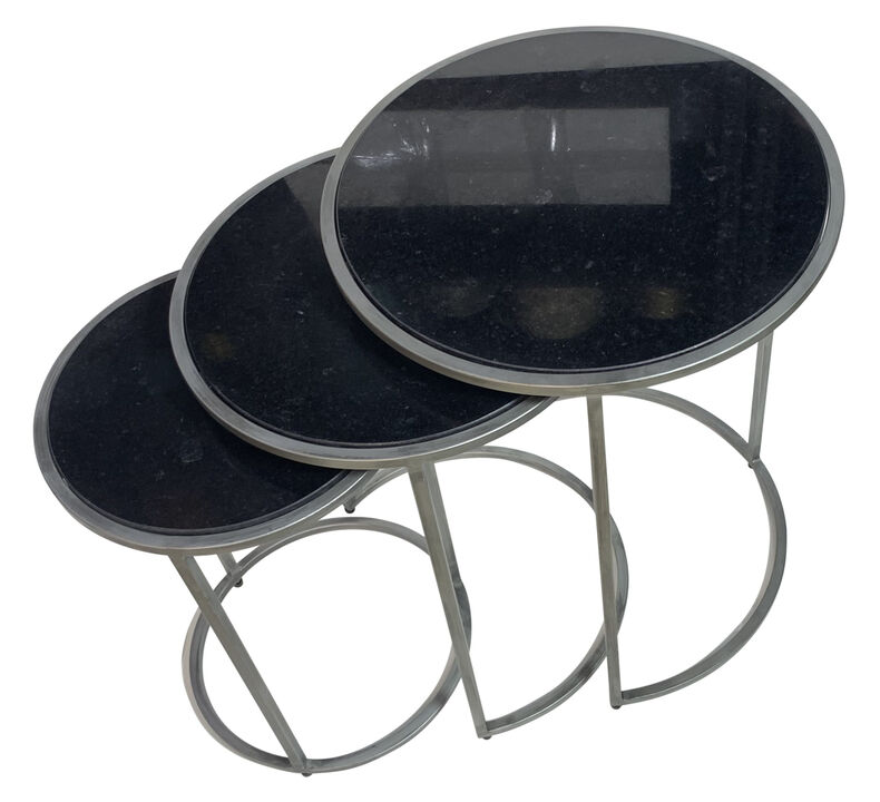 HomeRoots Set of Three Black and Gray Marble and Iron Round Frame Nested Tables