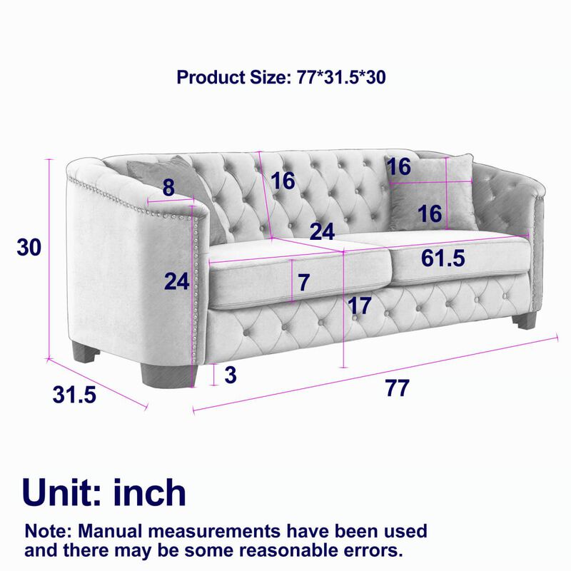 77 Inch Velvet Chesterfield Sofa, Button Tufted 3 Seater Sofa with Rolled Arms and Nailhead Trim, Upholstered Sofa with 2 Pillows image number 2