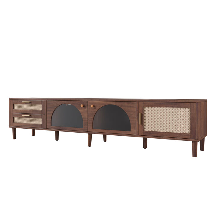 Merax Smart TV Cabinet with RGB LED Lighting, Rattan Doors, 2 Drawers, Closed Cabinet