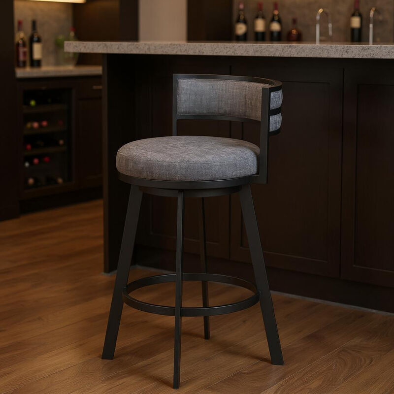 HomeRoots 31" Gray and Black Fabric and Steel Low Back Bar Height Swivel Bar Chair