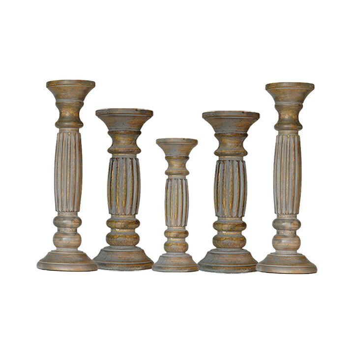 Traditional Gray Wash Eco-friendly Handmade Mango Wood Set Of Five 15",12",9",12" & 15" Pillar Candle Holder