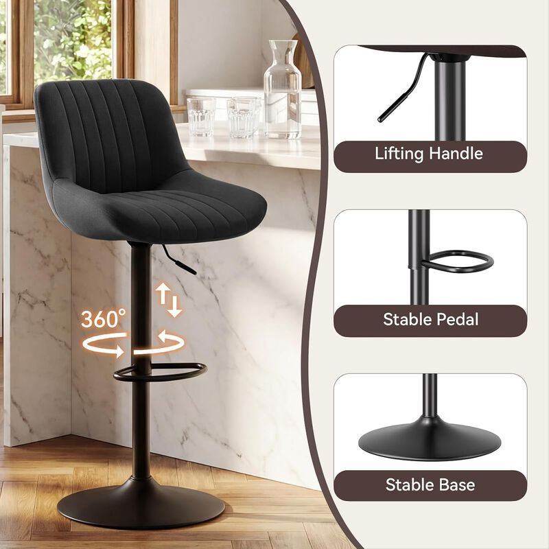 Swivel Bar Stools Set of 2, Upholstered Counter Height Bar Stools with Back and Footrest, 360 Degree Swivel Kitchen Island Chairs, Modern Barstools for Kitchen Counter, Home Bar, Dining image number 3