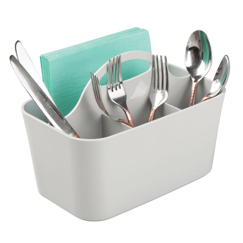 mDesign Plastic Cutlery Storage Organizer Caddy Bin Tote, Handle - Light Gray image number 7
