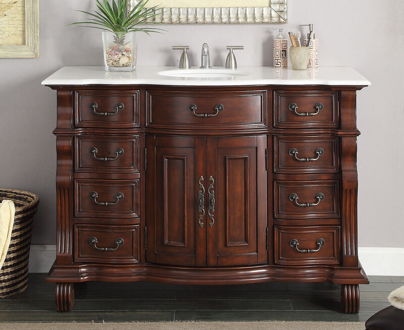 50 inch Antique Style Cherry Wood Hopkinton Bathroom Sink Vanity White Marble Top image number 3