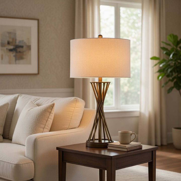 Table Lamp, Twisted Hourglass Gold Base, Light Brown Shade, 31 Inch