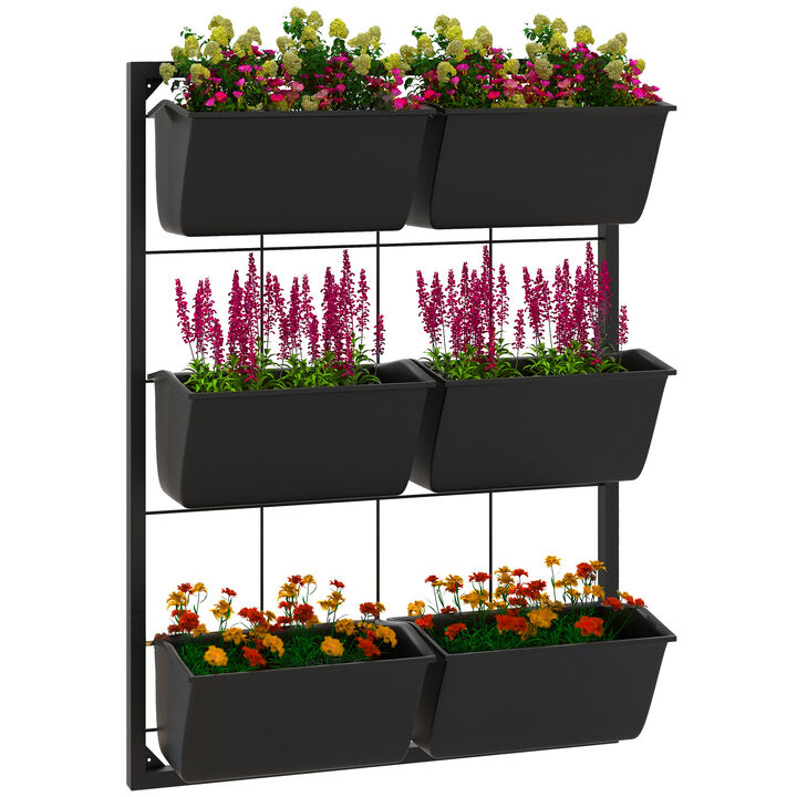 Outsunny 3-Tier Wall Planter with 6 Pots for Indoor and Outdoor Use, Hanging Plant Holder, Self Draining Wall Mounted Planter for Vegetables, Flowers, Herbs, Black