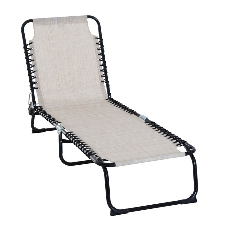 Outsunny Folding Chaise Lounge Pool Chair, Patio Sun Tanning Chair, Outdoor Lounge Chair w/ 4-Position Reclining Back, Pillow, Breathable Mesh & Bungee Seat for Beach, Yard, Patio, Cream White