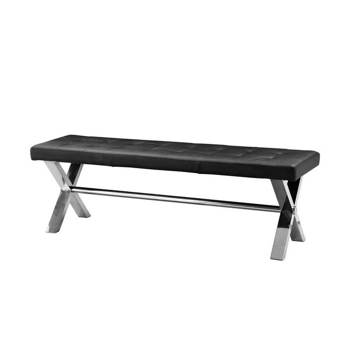 55 Inch Bench, Tufted Cushioned Seat, Smooth Black Faux Leather Upholstery - Benzara
