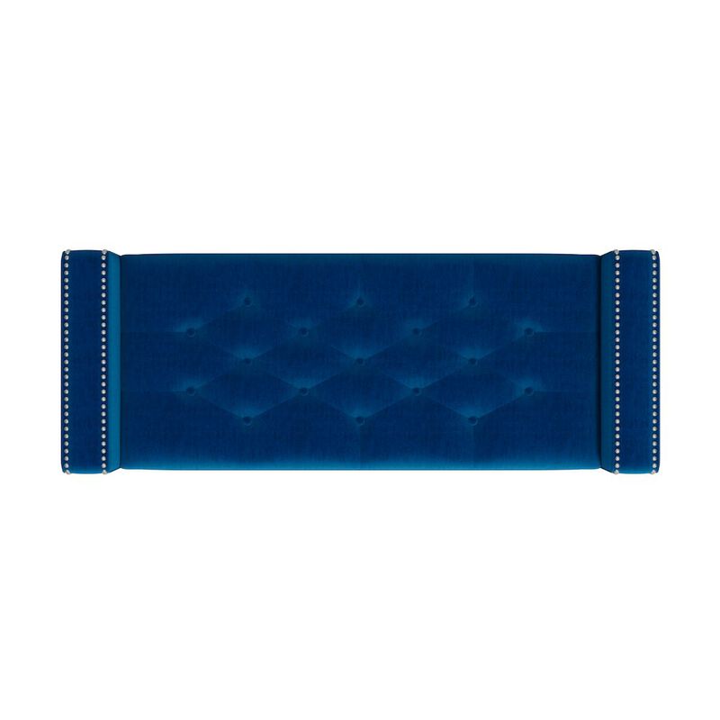 HL Home Furnishings Square Arm Tufted Storage Ottoman in Navy Blue Velvet