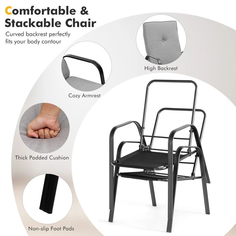 Mondawe 6Pcs Outdoor Dining Set,Square Glass Table W/ Sun-Protective Umbrella & 4 Stackable Chairs