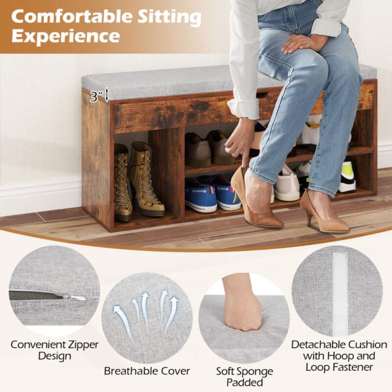 Hivvago Padded Seat Shoe Bench with Hidden Storage and 3 Open Shelves