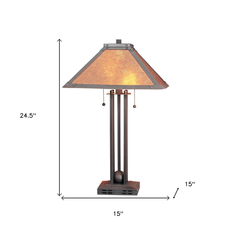 HomeRoots 25" Gray Metal Two Light Cylinder Table Lamp With Amber Square Shade image number 2