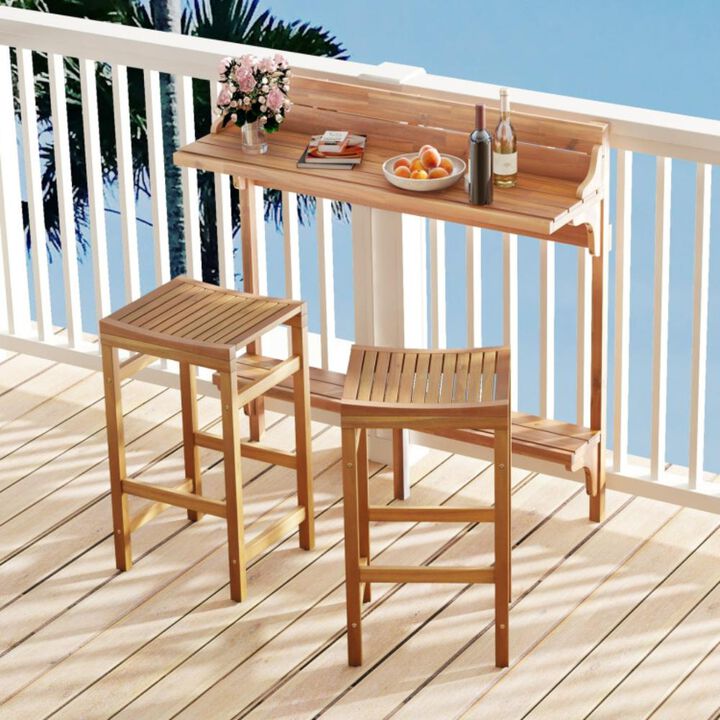 Hivvago 3 Pieces Patio Acacia Wood Bar Table Set with Footrest Curved Wood Seat