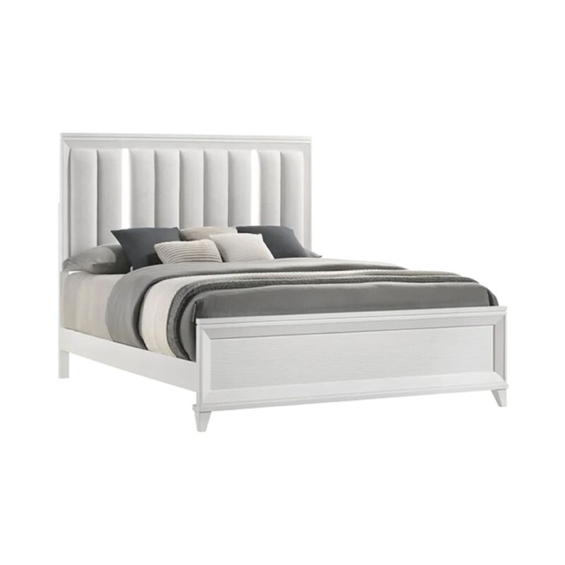Ressy King Platform Bed with LED, Channel Tufted Upholstery, White Wood