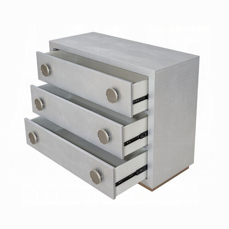 44 Inch Wide Nightstand Dresser with Faux Crocodile Skin, Silver Wood