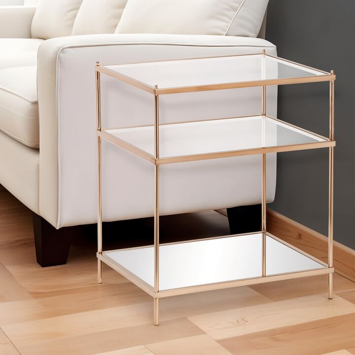 Modern Rectangular End Table with Mirrored Surface, Iron Base, and Storage Shelf