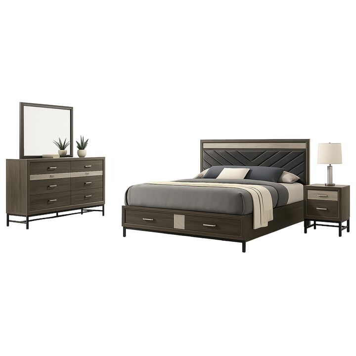 Lito 4pc Complete Queen Bedroom Set, Gray Upholstery, Footboard Drawers