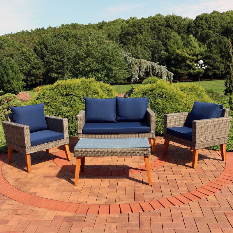 Sunnydaze Clifdon Rattan and Acacia 4-Piece Patio Conversation Set - Blue image number 1