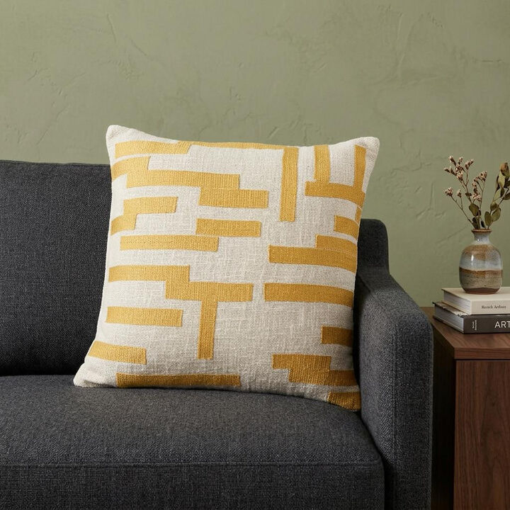 HomeRoots 20" Yellow and Ivory Geometric Cotton Blend Throw Pillow With Embroidery
