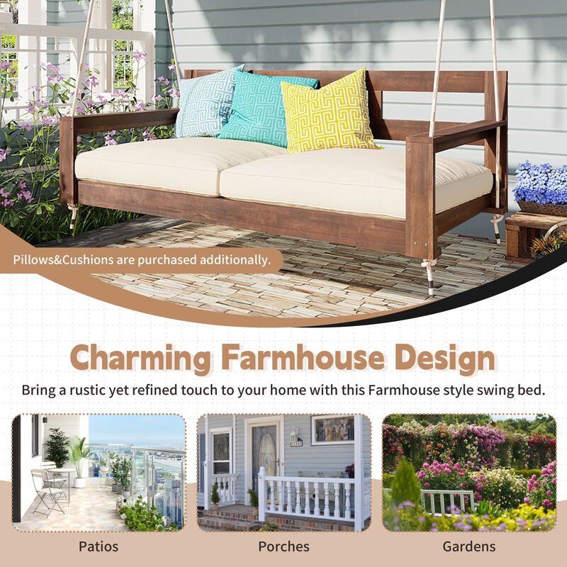 Hivvago Wooden Twin Porch Swing Daybed Frame with Rope Support image number 4