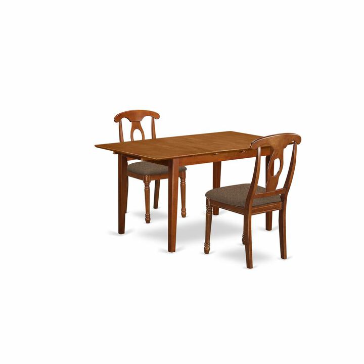 3 Pc Rectangular Kitchen Table having 12in Leaf and 2Fabric Dinette Chairs in Saddle Brown .