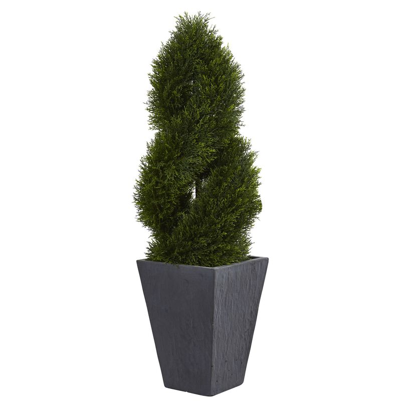 Hivvago 4 Feet Cypress Double Spiral Topiary Artificial Tree in Slate Planter UV Resistant (Indoor/Outdoor)