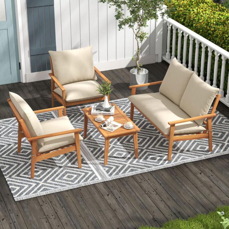 Hivvago 4 Pieces Outdoor Acacia Wood Conversation Set with Soft Cushions and Coffee Table