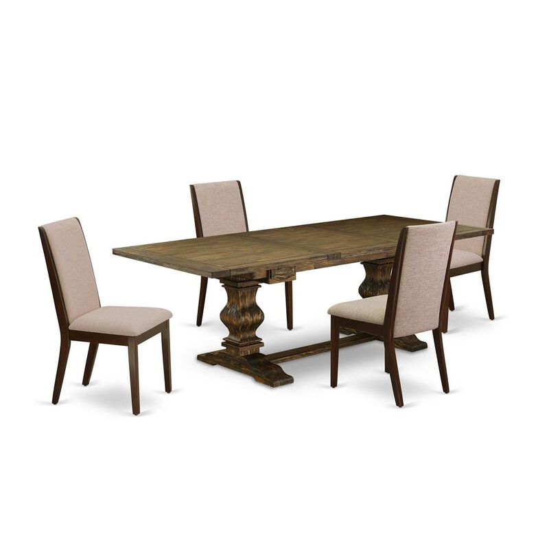 East West Furniture 5 Piece Dining Room Table Set Includes a Rectangle Kitchen Table with Removable Leaf and 4 Light Tan Linen Fabric Parsons Chairs, 42x92 Inch, Jacobean