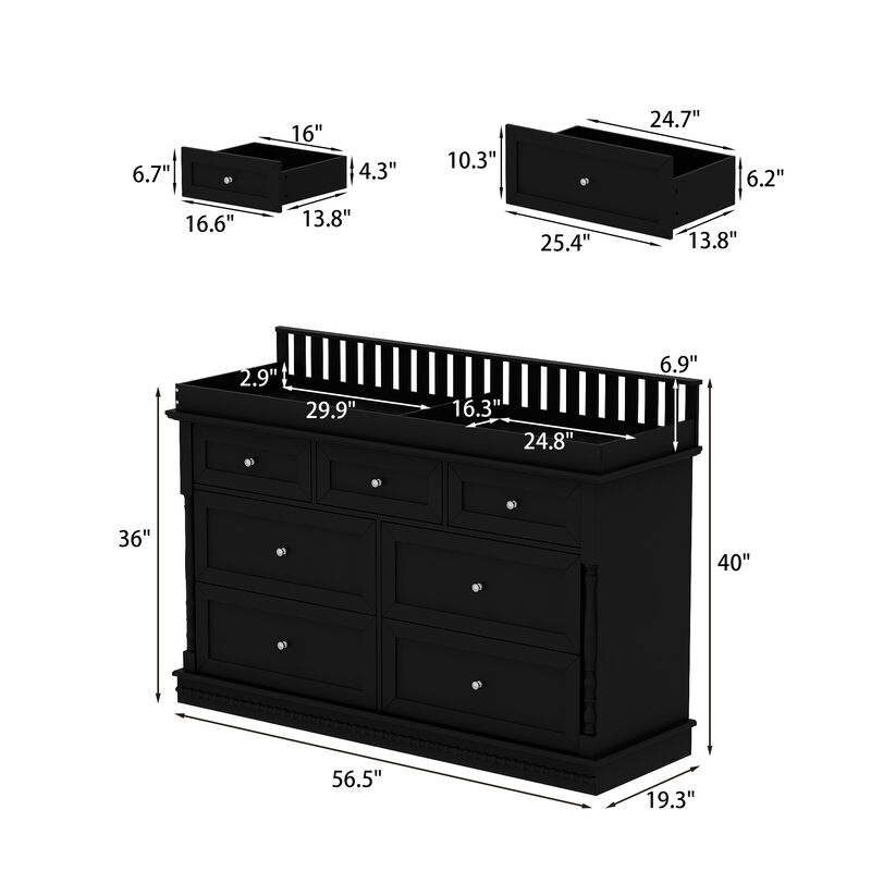 FUFU&GAGA Modern Changing Table with 7 Drawers, Removable Pine Fence, Anti-Tip Design, (56.5 in. W x 19.3 in. D x 40 in. H), Black