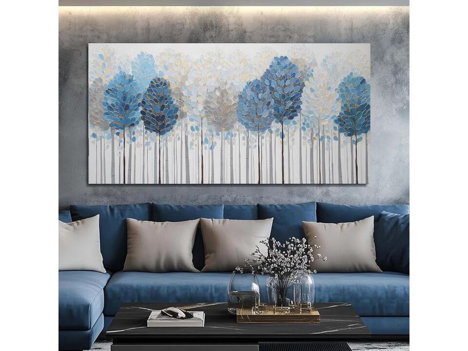 Blue White Tree Wall Art Modern Forest Landscape Canvas Decor for Living Room