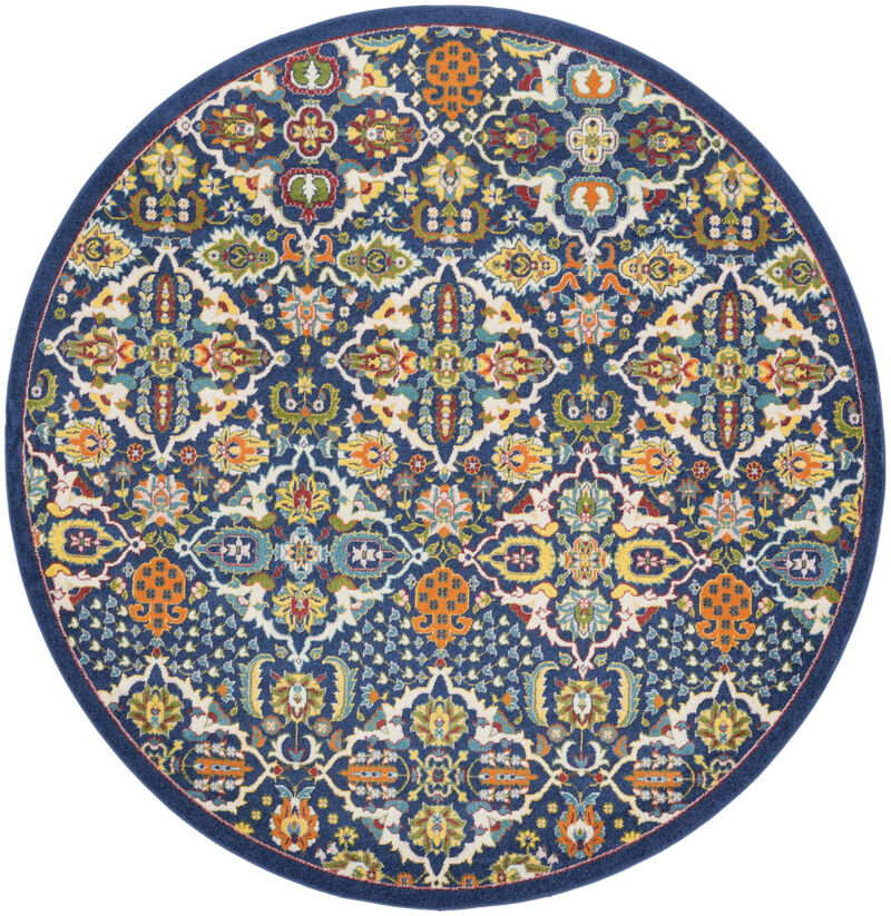 8 Blue Round Floral Power Loom Area Rug