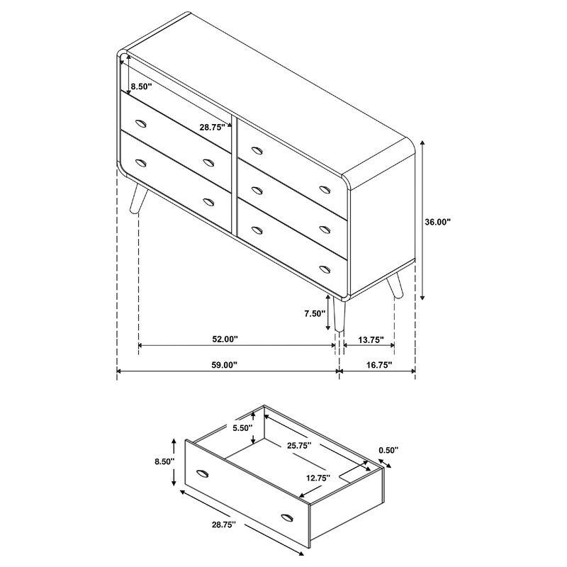 Ryb Wide Dresser with 6 Drawers, Angled Legs, Brown Rubber Wood image number 7