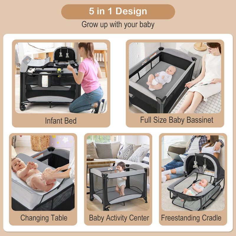 5-in-1 Portable Baby Playard with Cradle and Storage Basket
