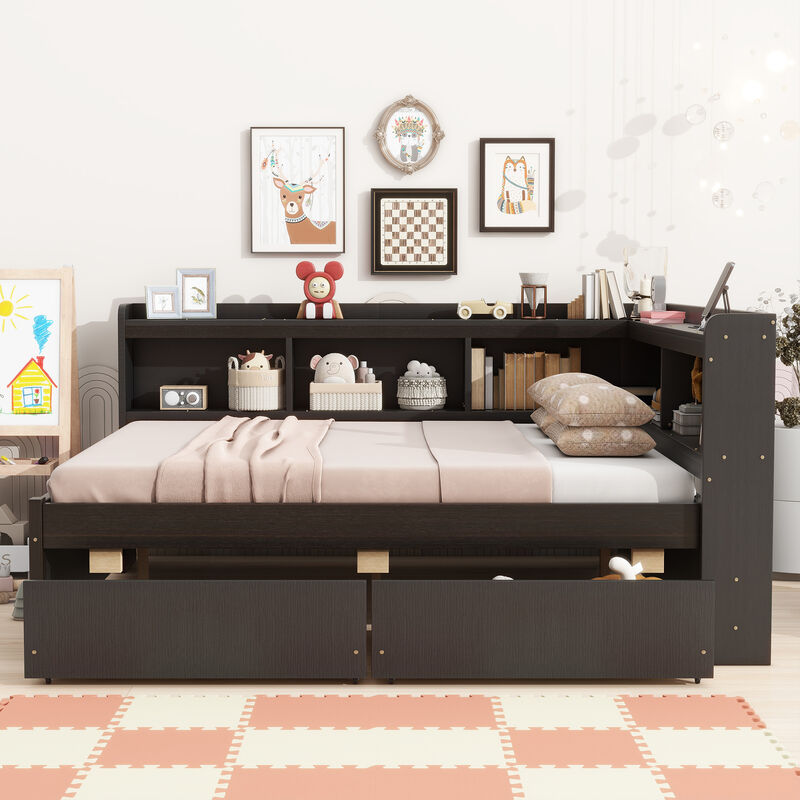 Whisen Full Size L-shaped Bookcases Bed with Power Outlets, USB Charging Ports,Two Drawers image number 2