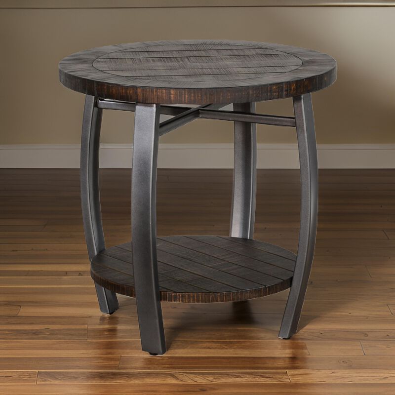 Flint Side End Table w Shelf, Barrel Shape, 24 Inch Dark Brown Round