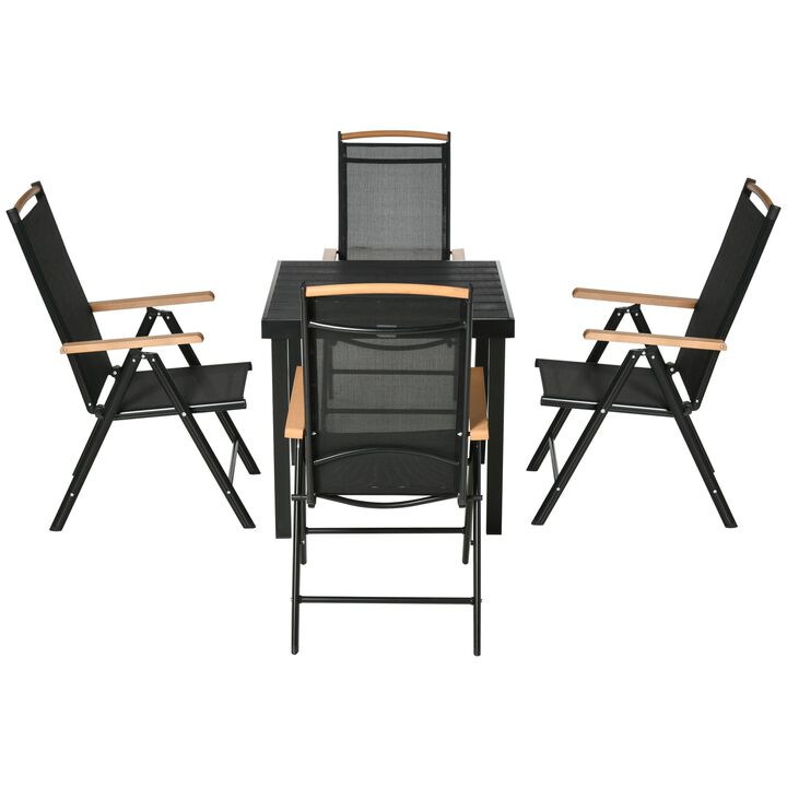 5 Piece Patio Dining Set Outdoor Furniture Set with 4 Folding Reclining Sling Chairs for Garden, Backyard and Poolside, Black