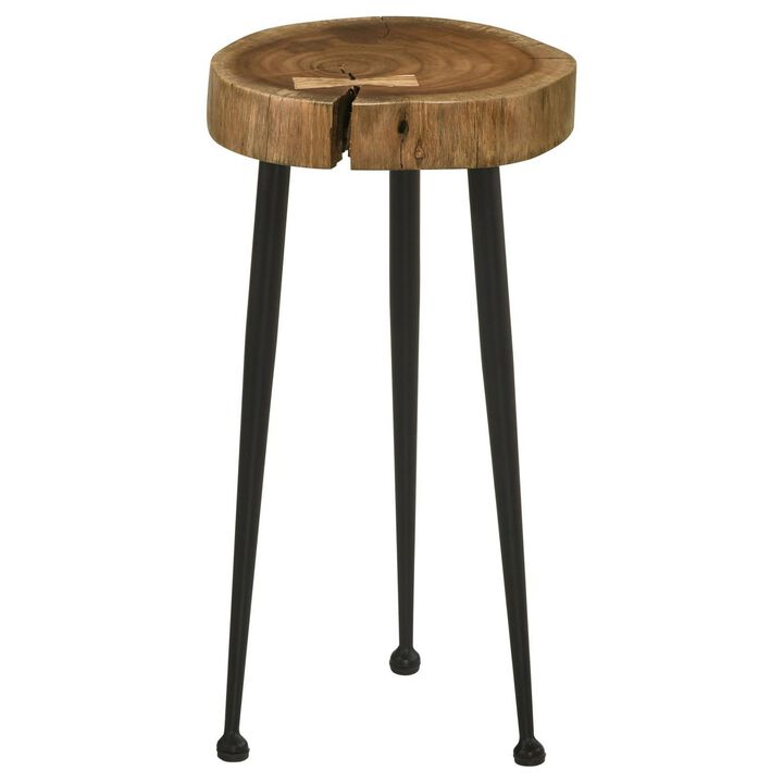Benjara 22 Inch Side Table, Iron Tapered Legs, Live Edge Acacia Wood, Natural, Brown and Black