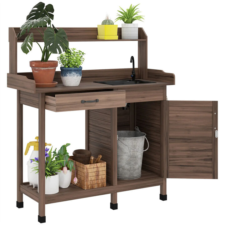 Outdoor Potting Bench with Sink, Faucet, Storage Cabinet, and Side Hooks