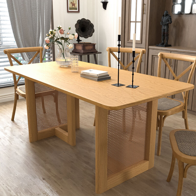 67 inch Rectangle Log Color Rattan Dining Table for 4-6 People Suitable for Dining Room and Living Room