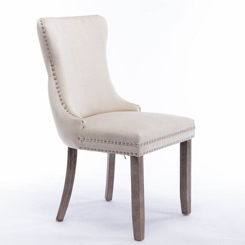 Streamdale 2 Beige Wingback Dining Chairs with Nailhead Trim & Wood Legs